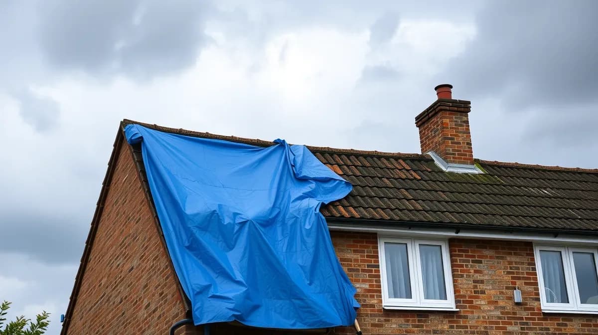Tarpaulin secured over storm-damaged roof tiles