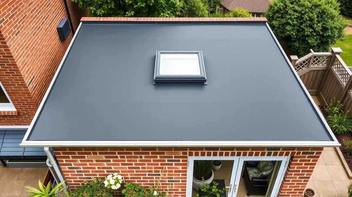 Dark EPDM rubber flat roof with rooflight on a brick extension