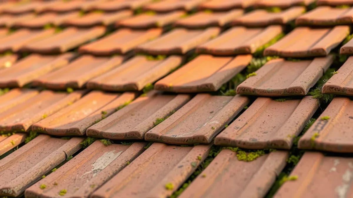 Weathered handmade clay peg tiles on a period cottage roof