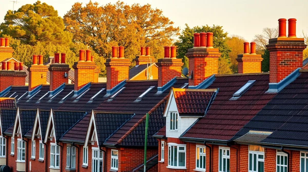 Clay tiled rooftops and chimneys of Victorian terraces at golden hour