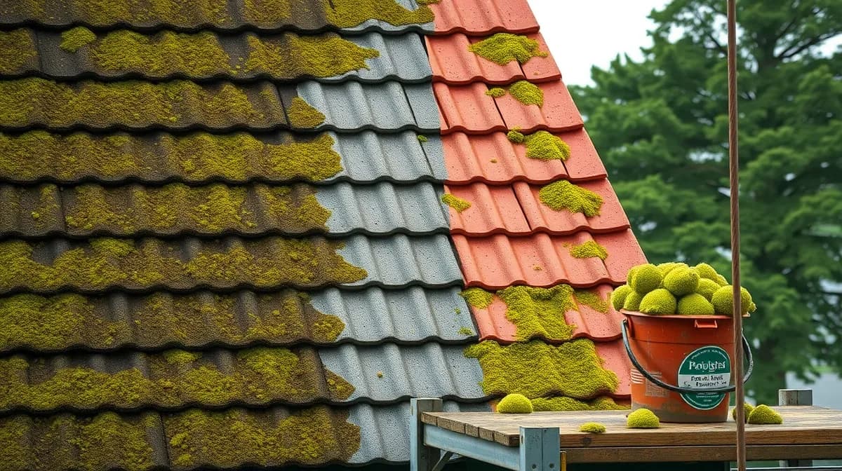 Concrete tiled roof half cleared of green moss