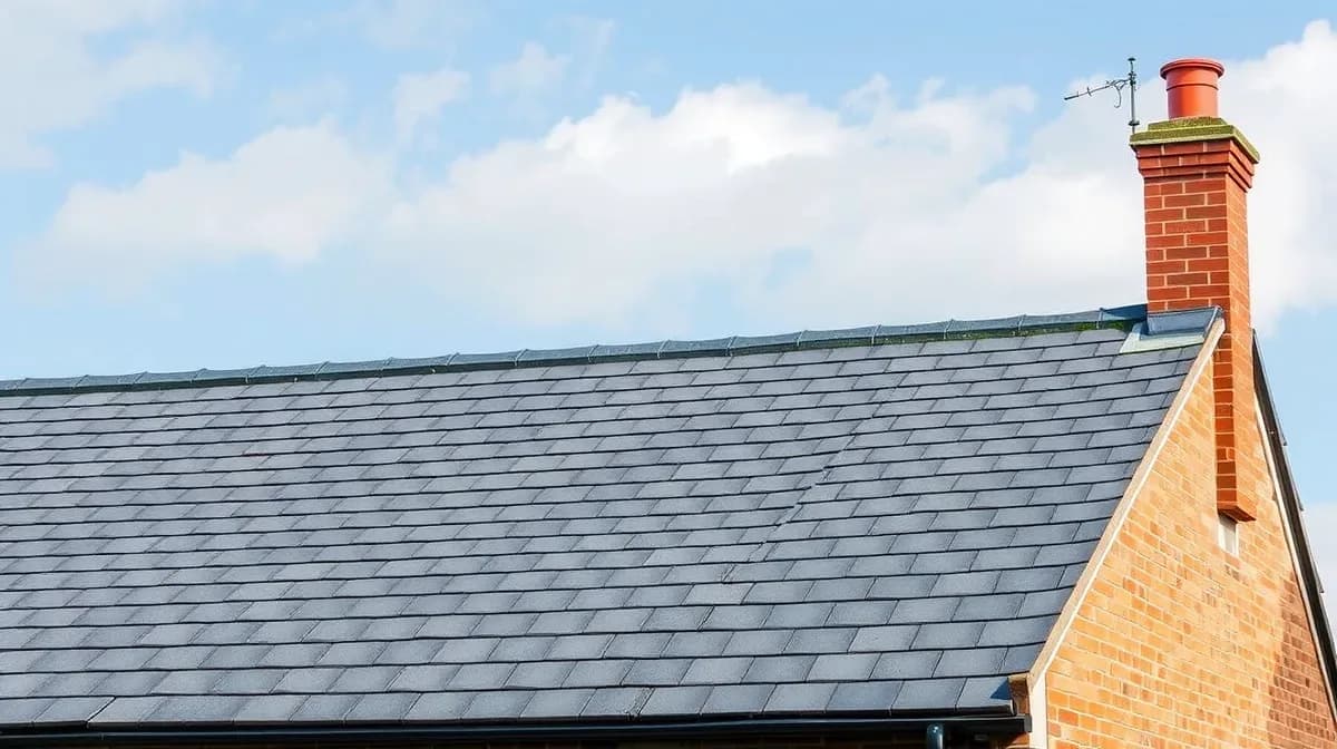 Completed new grey tiled roof on a 1930s semi