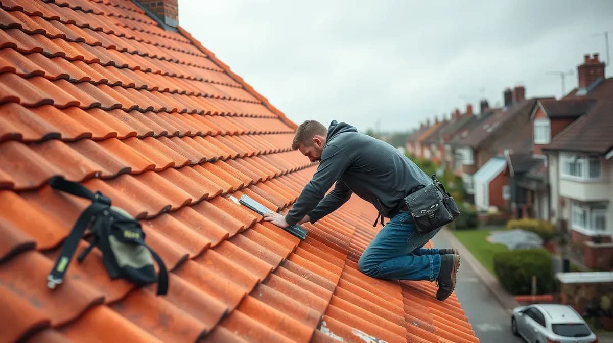 Roofer replacing a slipped clay tile on a pitched roof
