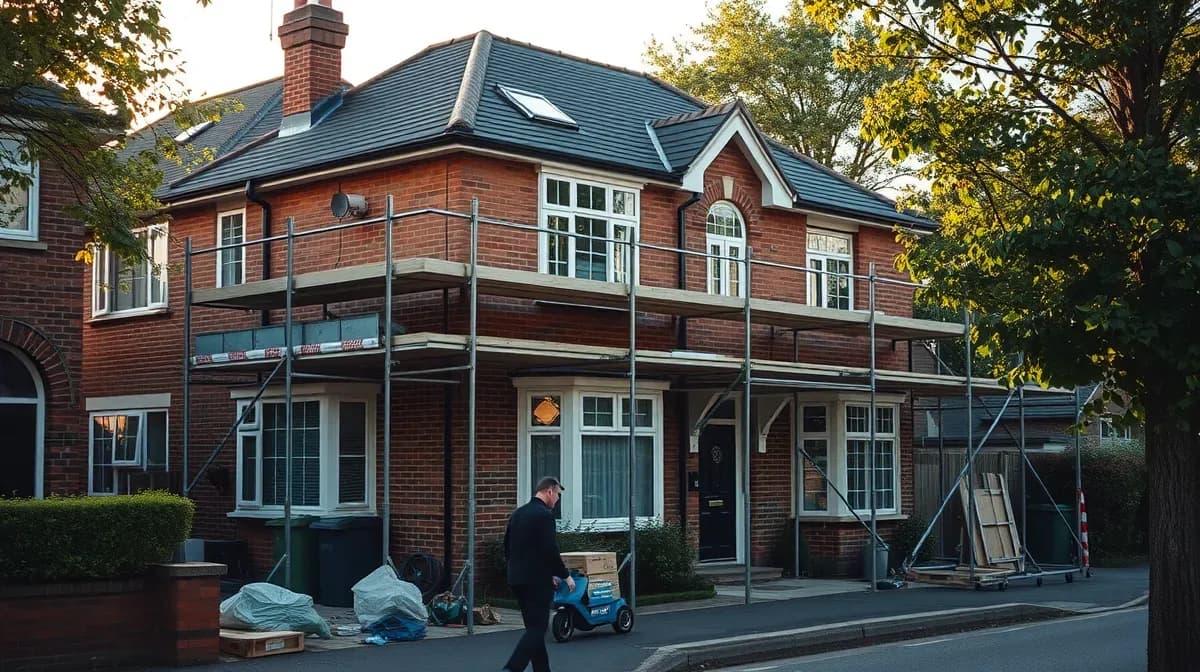 Scaffolding up around a semi-detached house for re-roofing